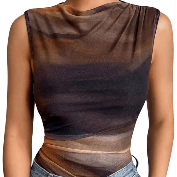 Tie Dye Cowl Neck Sleeveless Ruched Mesh Skinny Bodysuit Tank - Picture 2 of 13